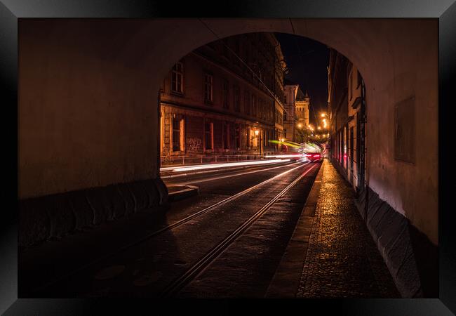 Smetanovo Nabrezi Passage in Prague at Night Framed Print by Dietmar Rauscher