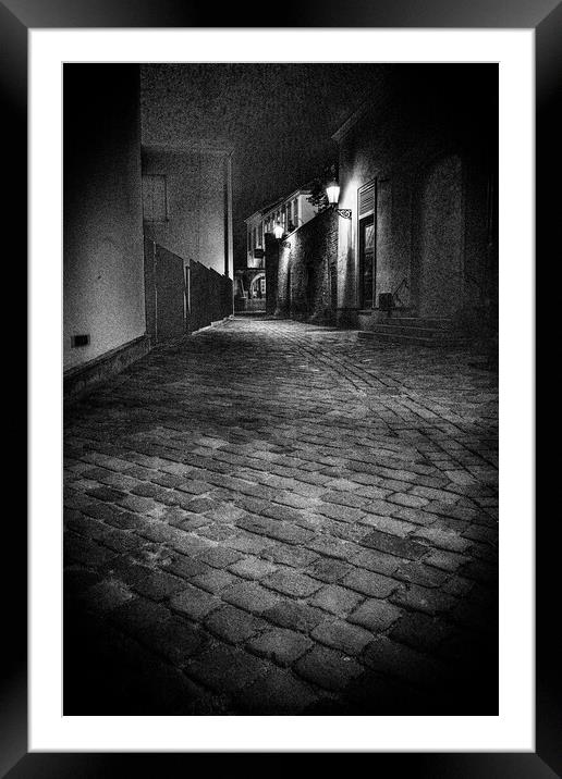 Dark, Moody Cobblestone Alley in Brno Framed Mounted Print by Dietmar Rauscher