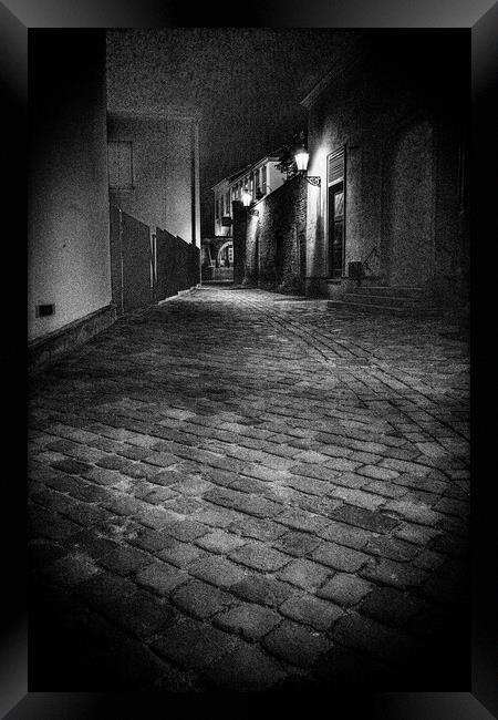 Dark, Moody Cobblestone Alley in Brno Framed Print by Dietmar Rauscher