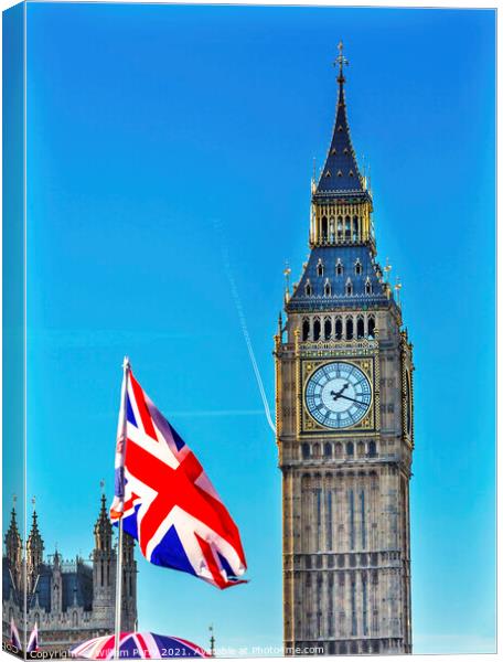 Big Ben Tower British Flag Parliament Westminster Bridge London  Canvas Print by William Perry