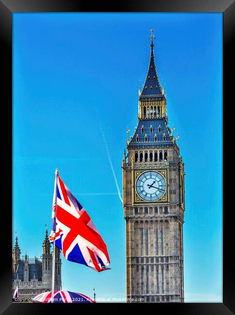 Big Ben Tower British Flag Parliament Westminster Bridge London  Framed Print by William Perry