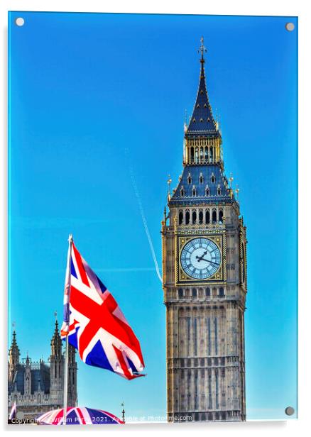 Big Ben Tower British Flag Parliament Westminster Bridge London  Acrylic by William Perry