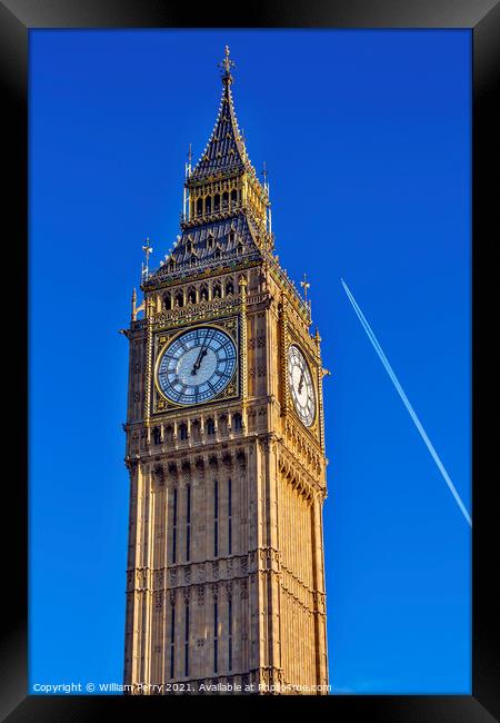 Big Ben Tower Plane Houses of Parliament Westminster London Engl Framed Print by William Perry