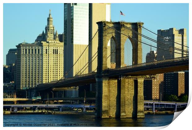 Brooklyn bridge at sunrise, New York City Print by Nicolas Duperrier
