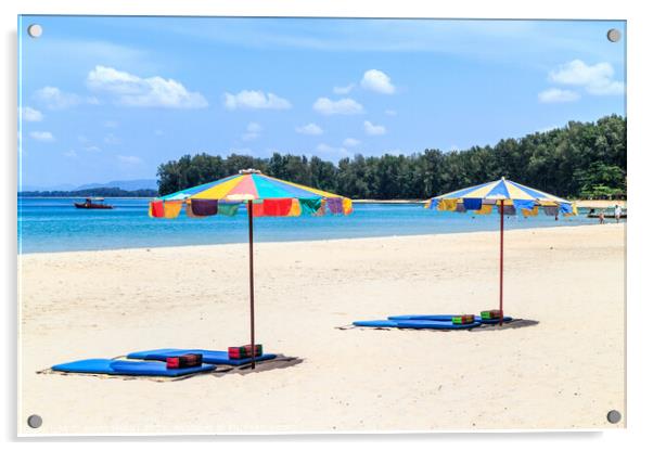 Umbrellas and beach mats on Nai Yang beach, Phuket, Thailand Acrylic by Kevin Hellon