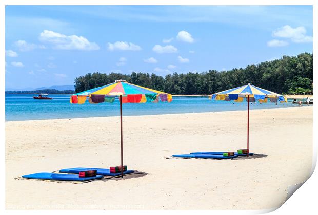 Umbrellas and beach mats on Nai Yang beach, Phuket, Thailand Print by Kevin Hellon