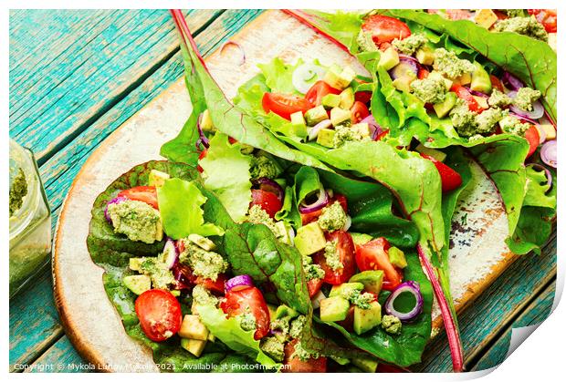 Healthy vegetable salad in chard leaves Print by Mykola Lunov Mykola
