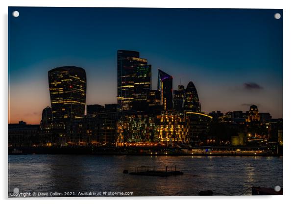 City of London Financial District buildings illuminated at dusk from the south bank walkway by Tower Bridge in London, UK Acrylic by Dave Collins