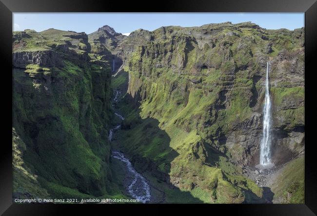 Stunning View of Secret Canyon with Double Waterfall in Iceland  Framed Print by Pere Sanz