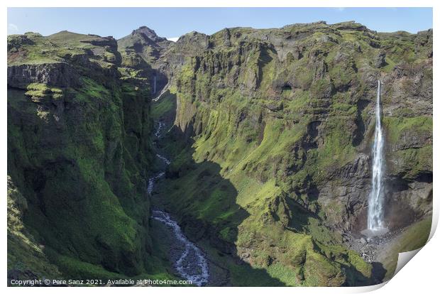 Stunning View of Secret Canyon with Double Waterfall in Iceland  Print by Pere Sanz