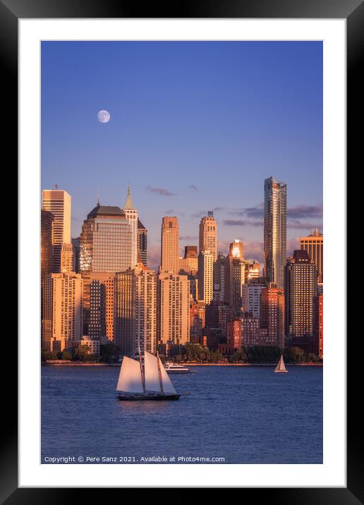 Full Moon Rising Over Lower Manhattan at Golde Hour Framed Mounted Print by Pere Sanz