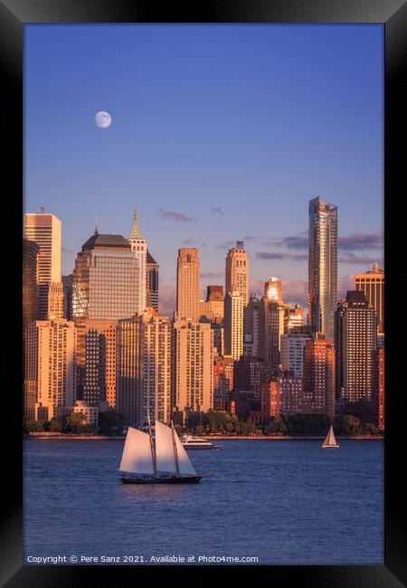Full Moon Rising Over Lower Manhattan at Golde Hour Framed Print by Pere Sanz