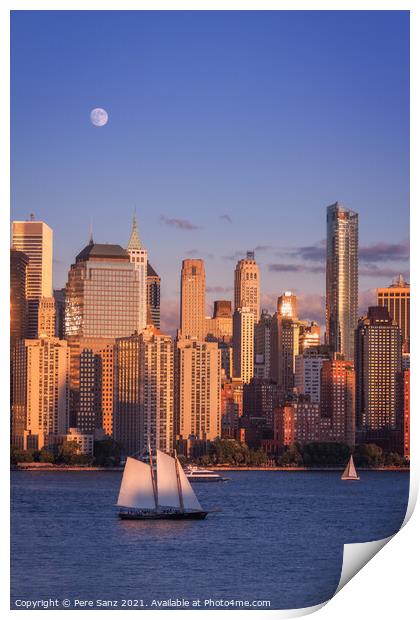 Full Moon Rising Over Lower Manhattan at Golde Hour Print by Pere Sanz