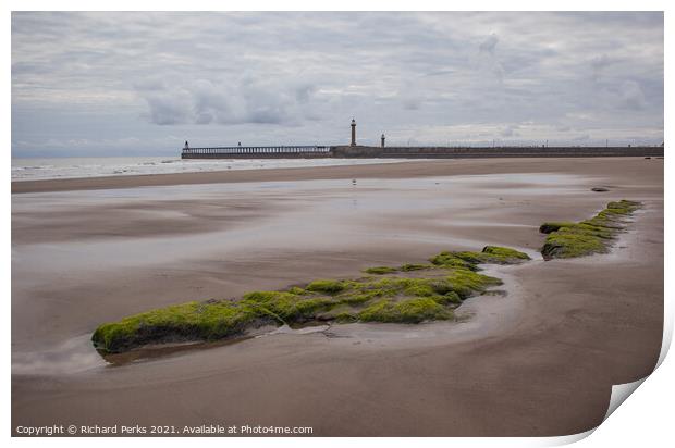 Tide out on Whitby Beach Print by Richard Perks