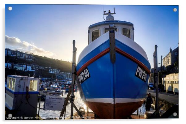 Fishing boat docked in Mevagissey Harbour, Cornwall, England. Acrylic by Gordon Maclaren
