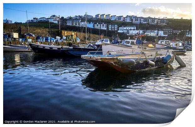 Boats moored in Mevagissey Harbour, Cornwall. Print by Gordon Maclaren