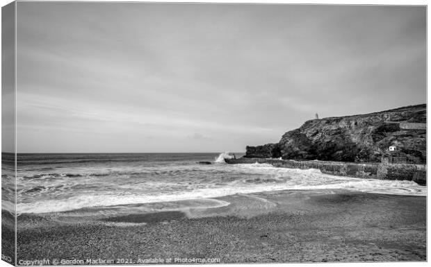 Portreath Beach and the Harbour Wall B+W Canvas Print by Gordon Maclaren