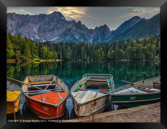 Panoramic view of boats at Lake Fusine, Julian Alp Framed Print by Maggie Bajada