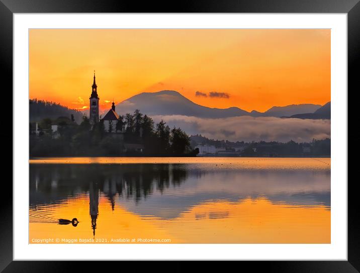 Sunset at Lake Bled, Slovenia Framed Mounted Print by Maggie Bajada