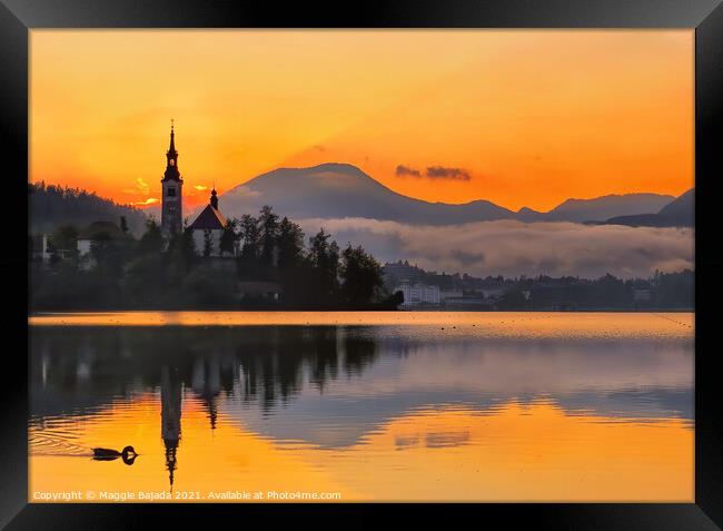 Sunset at Lake Bled, Slovenia Framed Print by Maggie Bajada