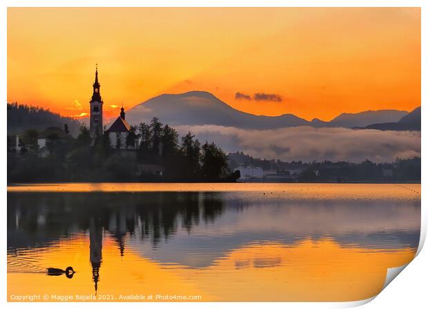 Sunset at Lake Bled, Slovenia Print by Maggie Bajada