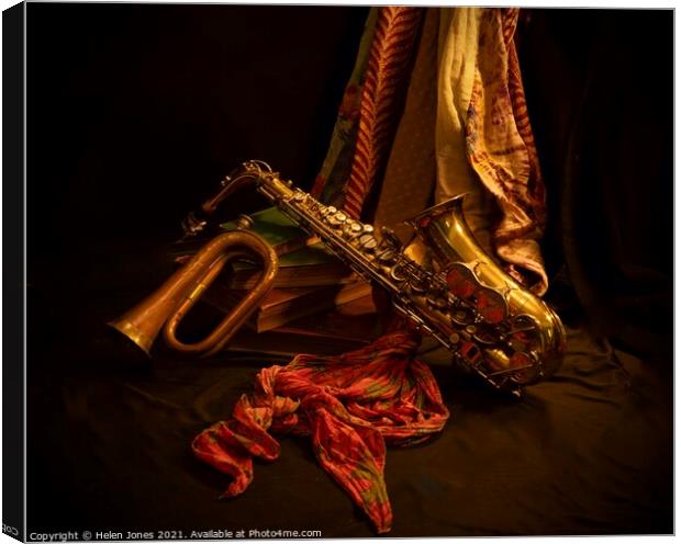 Saxophone and bugle still life Canvas Print by Helen Jones