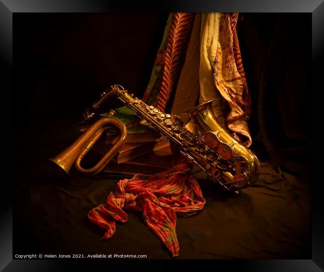 Saxophone and bugle still life Framed Print by Helen Jones