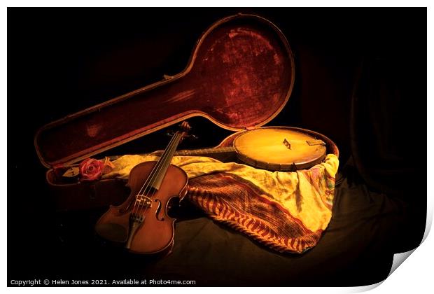 Banjo and violin still life photo oil painting style Print by Helen Jones
