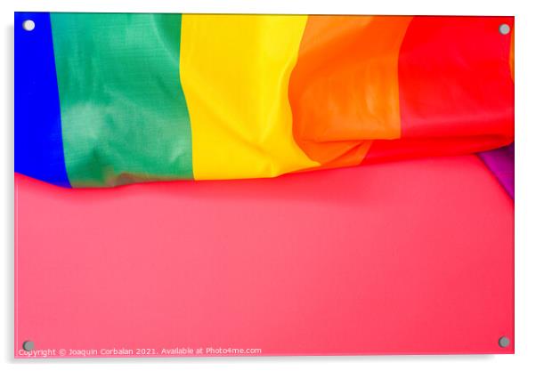 Red background with space for text, with the rainbow flag of the Acrylic by Joaquin Corbalan