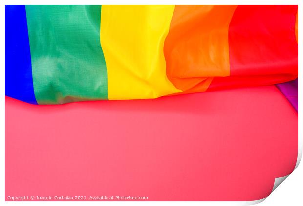 Red background with space for text, with the rainbow flag of the Print by Joaquin Corbalan
