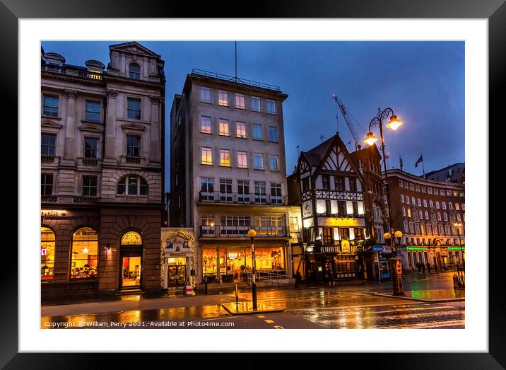 Old City Street Twinnings Tea Shop Nght London England Framed Mounted Print by William Perry