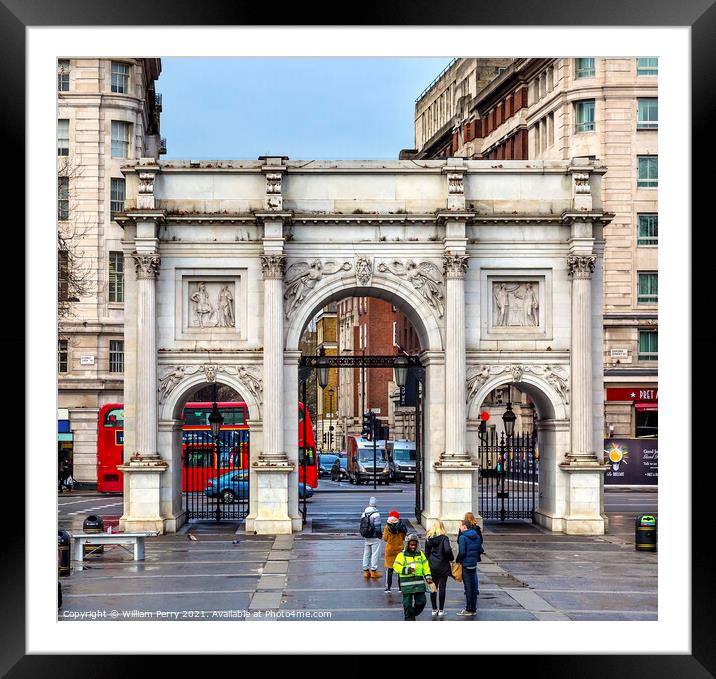 Marble Arch Red Bus Park Lane London England Framed Mounted Print by William Perry