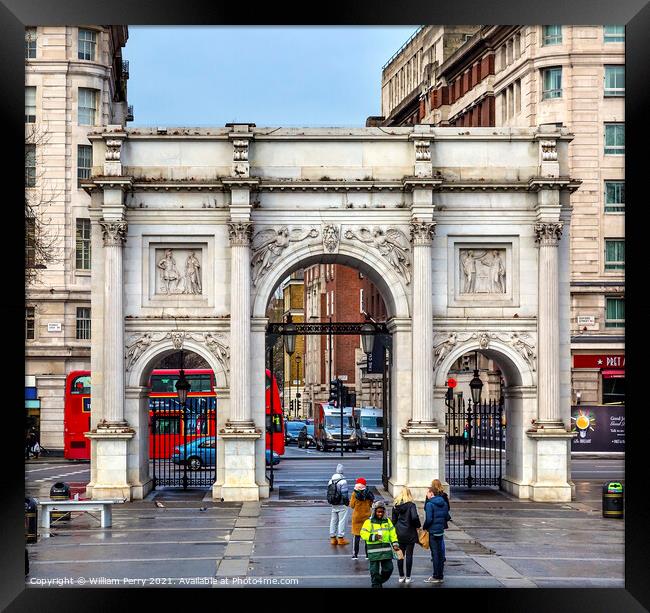 Marble Arch Red Bus Park Lane London England Framed Print by William Perry