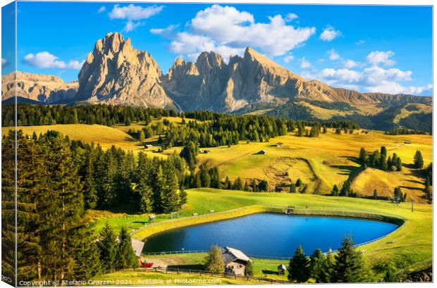 Lake and Mountains in Alpe di Siusi Canvas Print by Stefano Orazzini