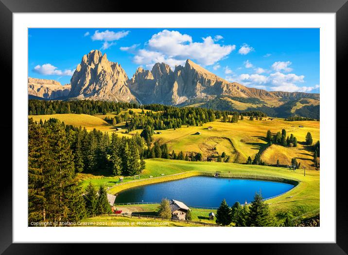 Lake and Mountains in Alpe di Siusi Framed Mounted Print by Stefano Orazzini