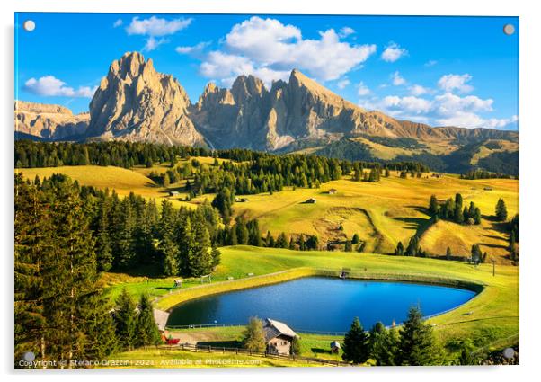 Lake and Mountains in Alpe di Siusi Acrylic by Stefano Orazzini