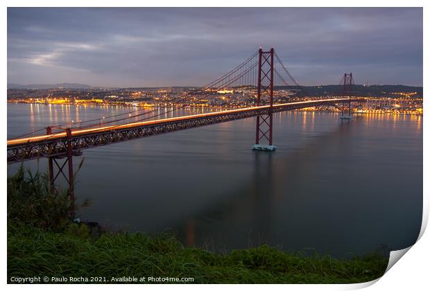 The 25th of April (25 de Abril) suspension bridge over Tagus river in Lisbon Print by Paulo Rocha