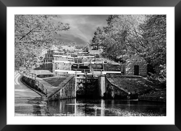Bingley Five Rise Locks Yorkshire Monochrome Framed Mounted Print by Diana Mower