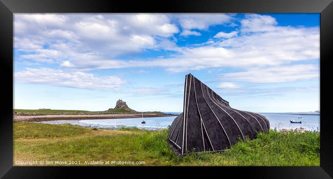 Lindisfarne Castle and boat hut Framed Print by Jim Monk