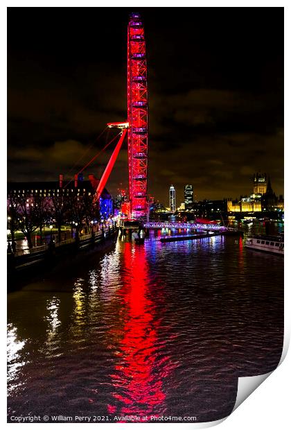 Big Eye Ferris Wheel Thames River Westminster Bridge London Engl Print by William Perry