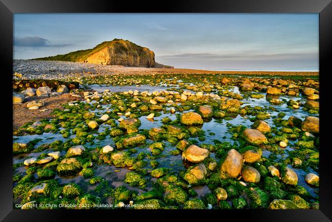 Llantwit Major Beach and Cliffs in last light Framed Print by Chris Drabble