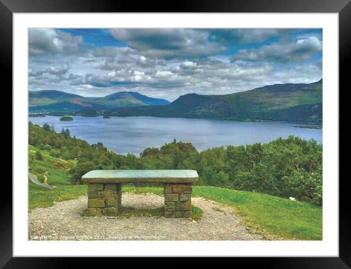 Bench overlooking Derwent Water from the hiking wa Framed Mounted Print by Angela Wallace
