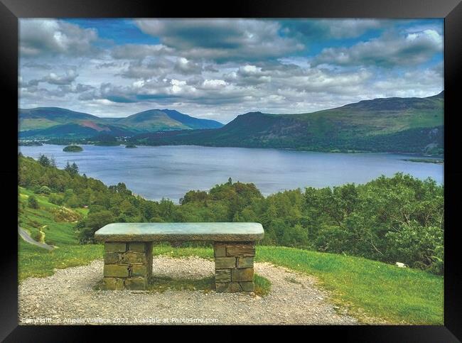 Bench overlooking Derwent Water from the hiking wa Framed Print by Angela Wallace