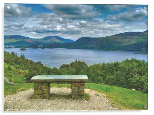 Bench overlooking Derwent Water from the hiking wa Acrylic by Angela Wallace