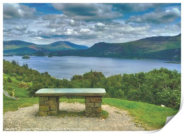 Bench overlooking Derwent Water from the hiking wa Print by Angela Wallace