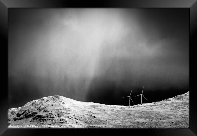 Snowstorm and turbines. Framed Print by Bill Allsopp