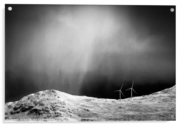 Snowstorm and turbines. Acrylic by Bill Allsopp