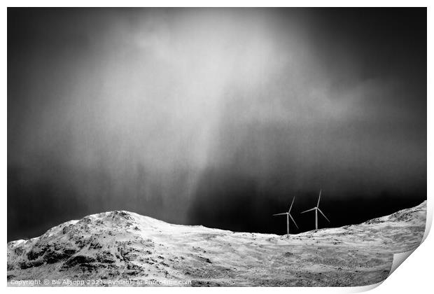 Snowstorm and turbines. Print by Bill Allsopp