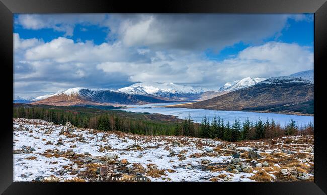 View towards Loch Loyne and snow capped mountains. Framed Print by Bill Allsopp
