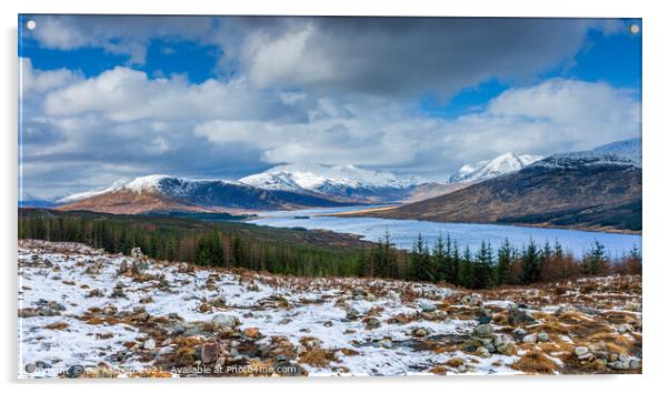 View towards Loch Loyne and snow capped mountains. Acrylic by Bill Allsopp
